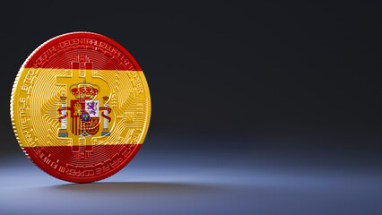 Bitcoin with Spain national flag on dark background with copy space for presenation. 3d rendering