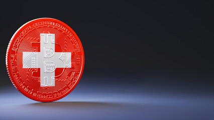 Bitcoin with Switzerland national flag on dark background with copy space for presenation. 3d rendering