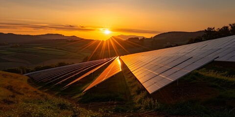 Sunset over solar panels in rural landscape. harnessing renewable energy. clean power generation concept. AI - obrazy, fototapety, plakaty
