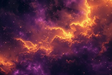 Fototapeta na wymiar Purple and Orange Space with Clouds and Stars Background - Soft Tonal Transitions Light Gold and Magenta in Fluid Form Wallpaper created with Generative AI Technology