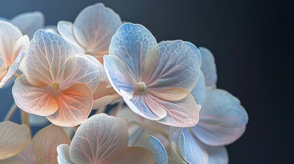  a close up of a bunch of flowers with blue and pink petals in the middle of the petals, with a black background.