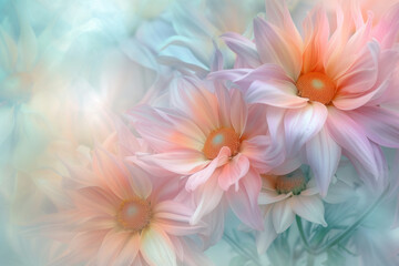 Dreamy and artistic floral background: close-up of colorful asteraceae like daisy composition with soft and gentle hues background, pestle color theme, bokeh effect...