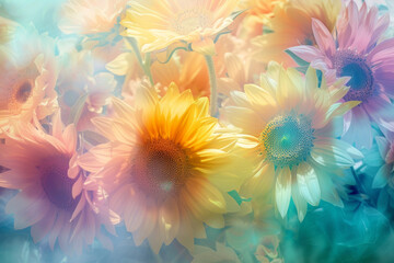 Dreamy and artistic floral background: close-up of colorful sunflowers composition with soft and gentle hues background, pestle color theme, bokeh effect... - obrazy, fototapety, plakaty