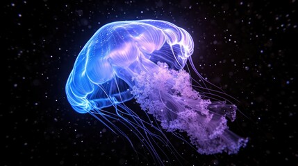  a close up of a jellyfish in the water with bubbles on it's back and a black background.