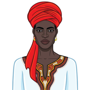 Animation portrait of beautiful African man in a turban. Color drawing. Vector illustration isolated on a white background. 