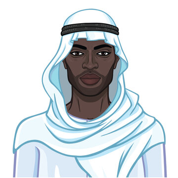 Animation portrait of beautiful African man in a keffiyeh. Color drawing. Vector illustration isolated on a white background. 