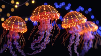  a group of jellyfish in a dark room with colorful lights on the sides of their heads and back of their heads.
