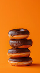 chocolate frosted donuts on orange minimalist background. chocolate frosted donut stock photo.
