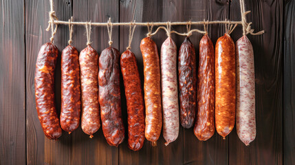 Five Different Types of Sausage Hanging From Strings - obrazy, fototapety, plakaty