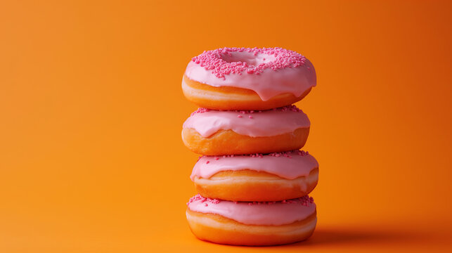 pink frosted donuts on a bold orange minimalist background.  Strawberry Donut stock photo