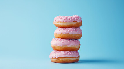 pink frosted donuts on a bold blue minimalist background.  Strawberry Donut stock photo