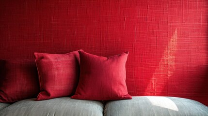  a close up of a couch with a red wall behind it and three red pillows on the back of the couch.