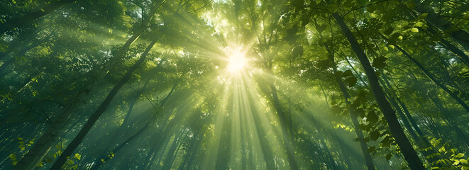 Panoramic view of a forest with sun rays piercing through the trees, creating a beautiful sunrise over the green landscape. A depiction of the serene and natural beauty of a green forest in nature.