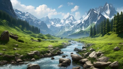 Fototapeta na wymiar Fantastic mountain landscape with a river. Generative AI