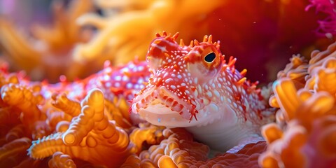 Vibrant underwater seascape with a colorful fish nestled in coral. marine life close-up. ideal for nature themes. AI