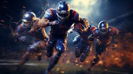 Craft a dynamic blurred background for a football game, highlighting the players in motion during a decisive play.