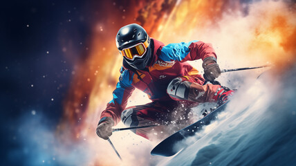 Create a captivating blurred background for a snowboarding competition, highlighting the skill and style of the athletes.