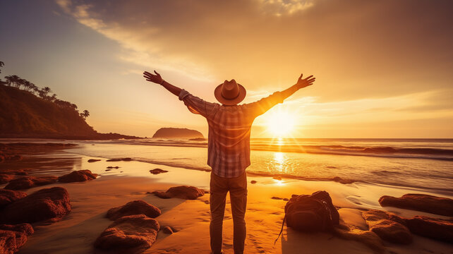 Happy man wearing hat and backpack raising arms up on the beach at sunset