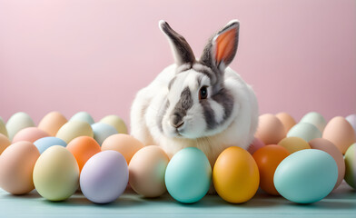 Easter a bunny and eggs on indoor. copy space. template. Generative AI