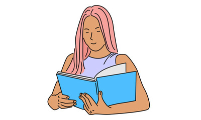 Fototapeta na wymiar line art color of girl reading book vector illustration