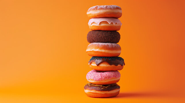 assorted donuts on a bold orange minimalist background. assorted Donuts stock photo