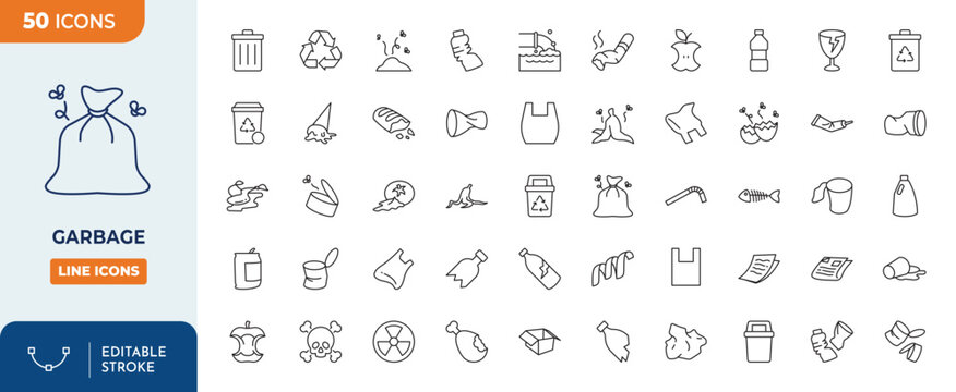 Garbage Line Editable Icons set. Editable stroke. Vector illustration	