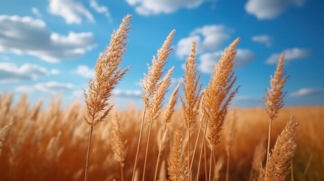  a field full of tall brown grass under a blue sky with a cloud filled sky in the backround.