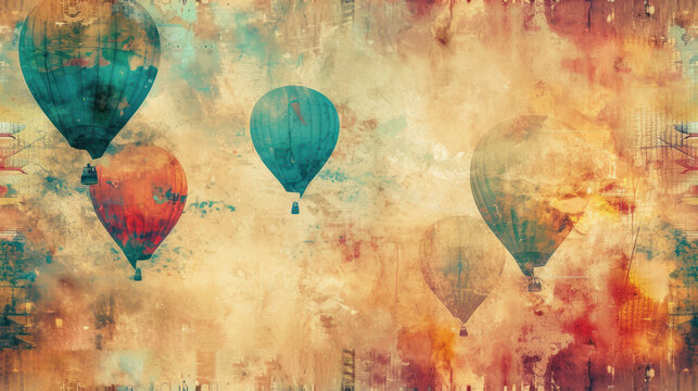  a group of hot air balloons floating in the sky over a painting of watercolors and grunge.