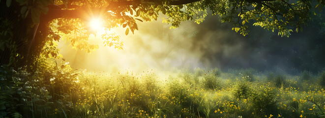 Panoramic view of a forest with sun rays piercing through the trees, creating a beautiful sunrise over the green landscape. A depiction of the serene and natural beauty of a green forest in nature.