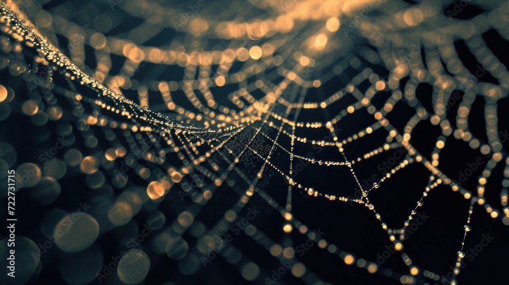 Wall mural a close up of a spider web on a black background with a blurry image of the web in the background.
