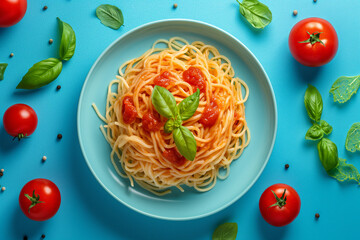 flat lay of pasta with tomato sauce, bold minimalist still life. backgrpund