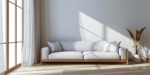 Fototapeta na wymiar Minimalist interior composition with a sofa next to a window