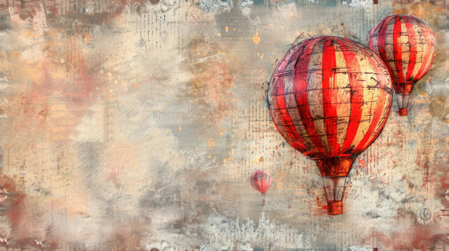 a painting of two red and yellow hot air balloons with a quote written on the side of the balloon, on a grungy background.