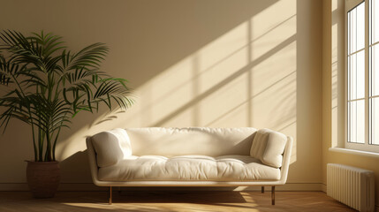 Minimalist interior composition with a sofa next to a window