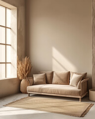 Minimalist interior composition with a sofa next to a window
