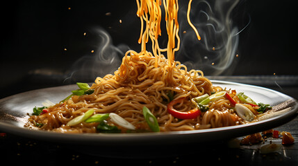 Traditional Asian fried noodles are served in popular restaurants, food, cuisine, restaurant, cooking, culture, tradition, Asia, noodles, green onions, fast food, AI-generated. - obrazy, fototapety, plakaty