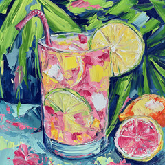 mixed drink impasto oil painting, bright pastel colors