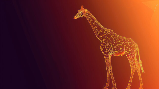  a 3d image of a giraffe standing in a dark room with a red and orange light behind it.