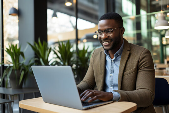 Happy black businessman using laptop in office