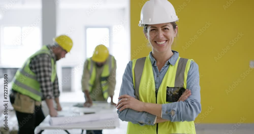 Poster construction worker, engineering and face of woman for design planning, building renovation and proj