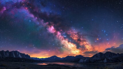 Fototapeta premium a night sky filled with lots of stars and a purple and blue star filled sky with mountains in the background.