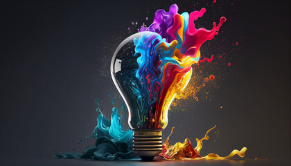 Creative light bulb explodes with colorful paint and colors , Hyper realistic, wallpaper, background , Uhd, 32k, sharp image, hyper realistic wallpaper, octane render, Ai generated image - obrazy, fototapety, plakaty