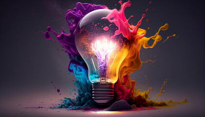 Creative light bulb explodes with colorful paint and colors , Hyper realistic, wallpaper, background , Uhd, 32k, sharp image, hyper realistic wallpaper, octane render, Ai generated image