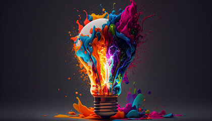 Creative light bulb explodes with colorful paint and colors , Hyper realistic, wallpaper, background , Uhd, 32k, sharp image, hyper realistic wallpaper, octane render, Ai generated image