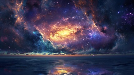  a painting of a colorful space filled with stars and a star filled sky with a body of water in the foreground.