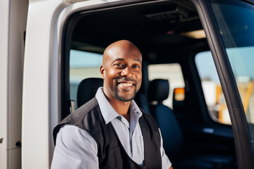 Closeup of happy black professional driver standing outside his truck