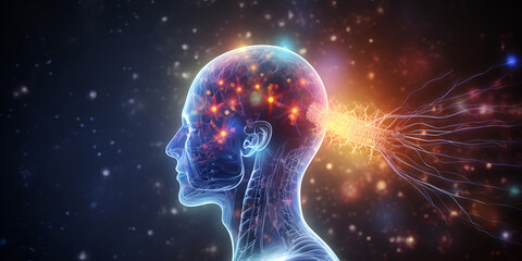 Human brain nervous system and glowing neurons, science concept, AI Generative 
