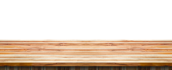 Empty teak wood counter tabletop for product display presentation isolated on transparent background, png file