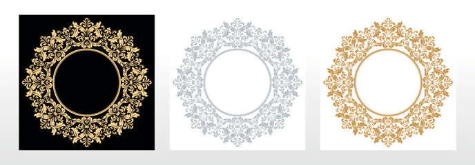 Set of decorative frames Elegant vector element for design in Eastern style, place for text. Floral black, gold and gray borders. Lace illustration for invitations and greeting cards - obrazy, fototapety, plakaty