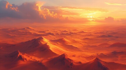  the sun is setting over a mountain range in the middle of a desert area with sand dunes and mountains in the foreground.